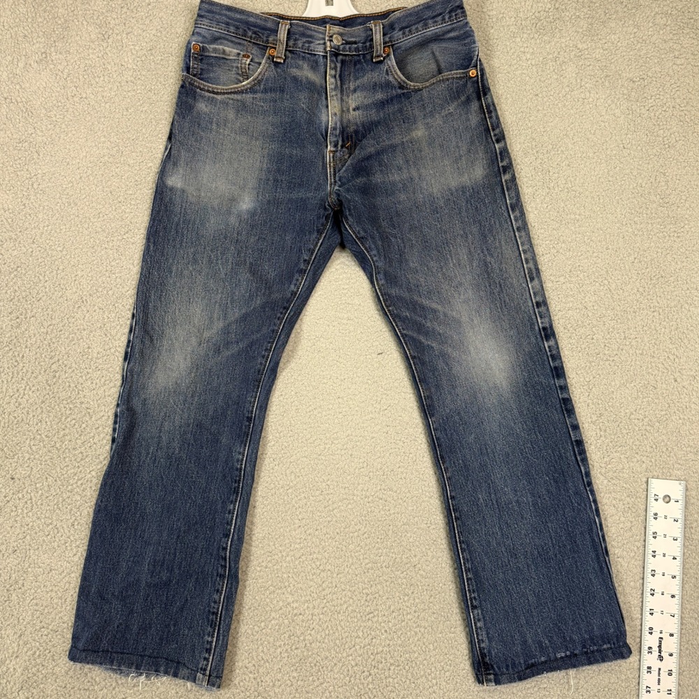 Levis 505 Regular Fit Straight Leg Jeans Blue Denim Mens 31x28 Distressed Hems